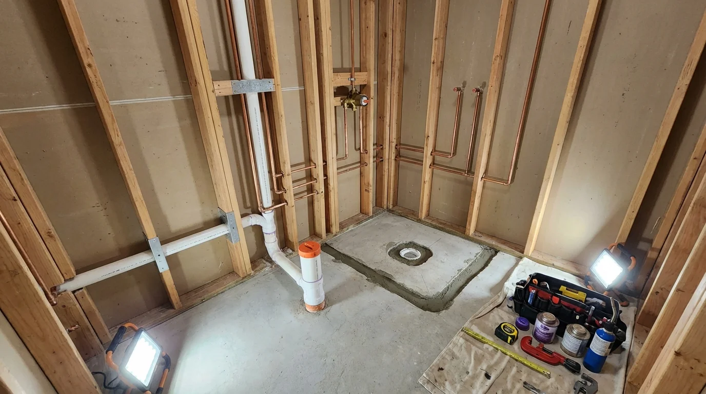 Bathroom rough-in plumbing during remodel by Johns Plumbing LLC in Garfield