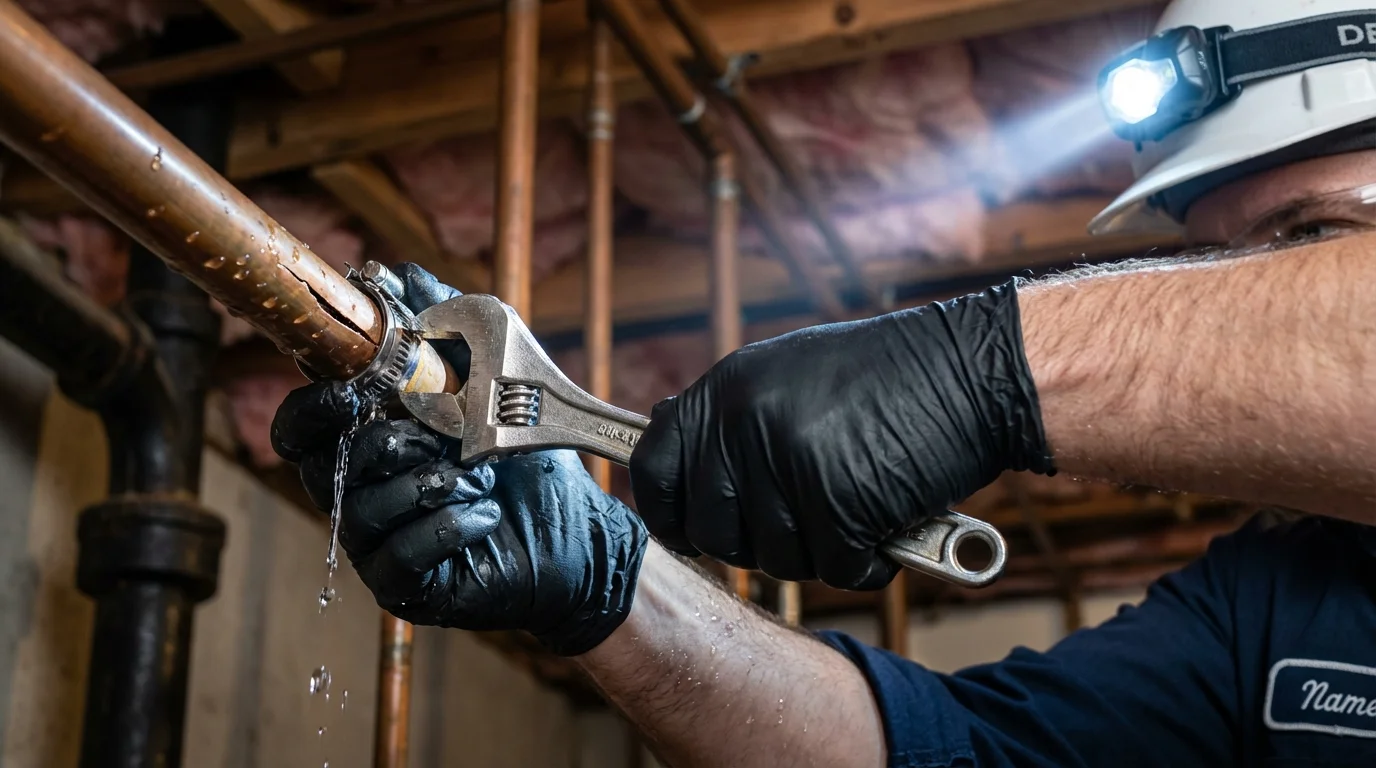 Emergency pipe clamp repair being performed by a Johns Plumbing LLC plumber in Garfield