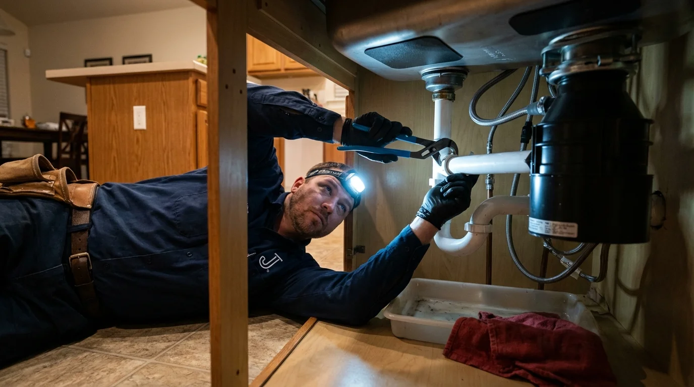 P-trap and supply line connections under a kitchen sink showing a common leak point in Garfield, NJ